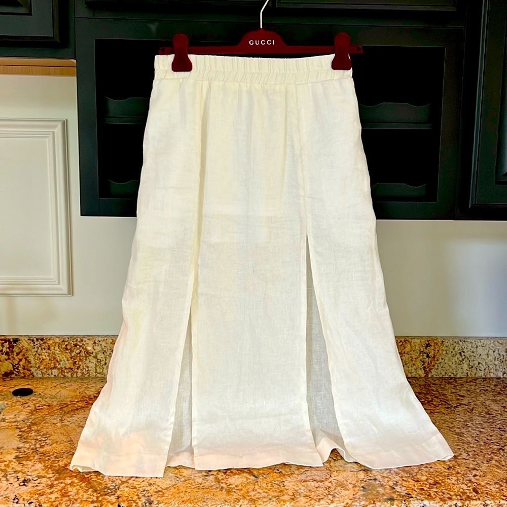100% White Linen Midi Skirt with Front Slits